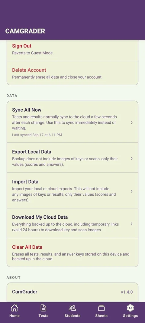 Settings Data section showing Sync All Now, Export Local Data, Import Data, and Download My Cloud Data