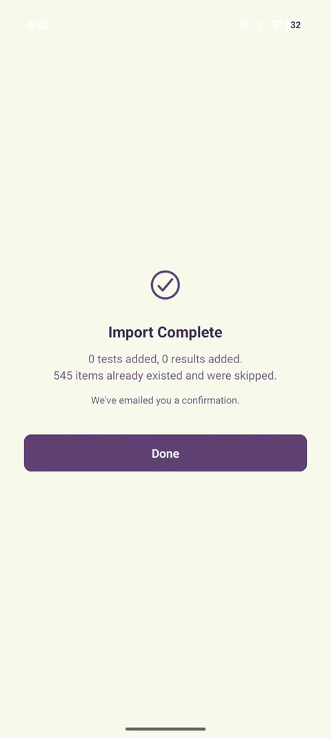 Import Complete screen showing how many tests and results were added versus already existing