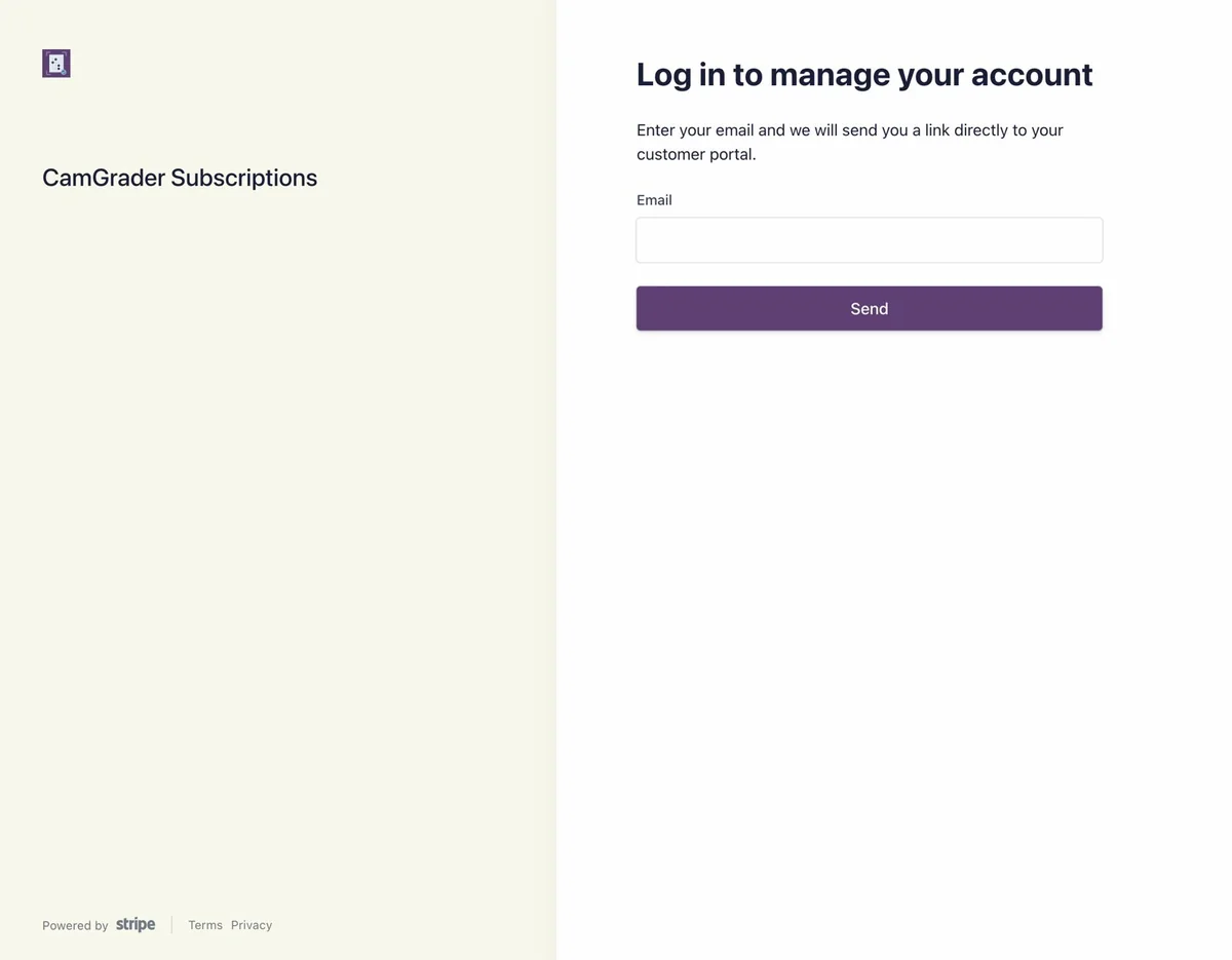 Stripe customer portal login page with an email field and Send button