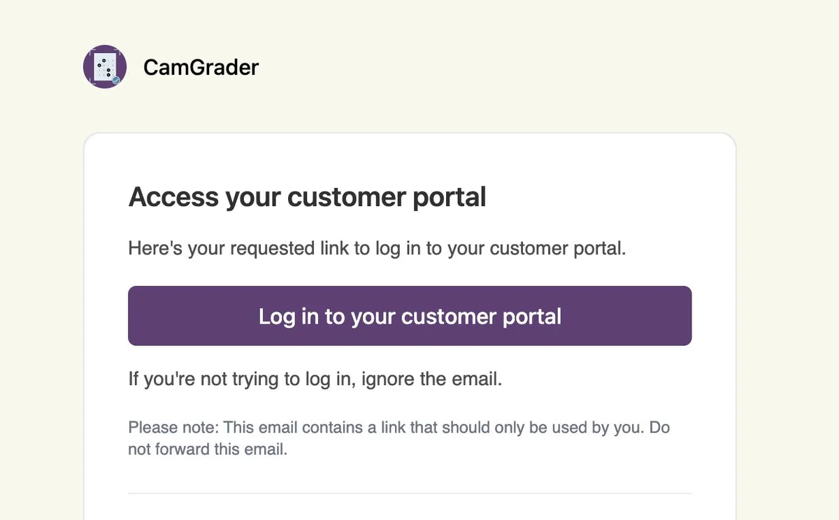 Email from Stripe with a Log in to your customer portal button