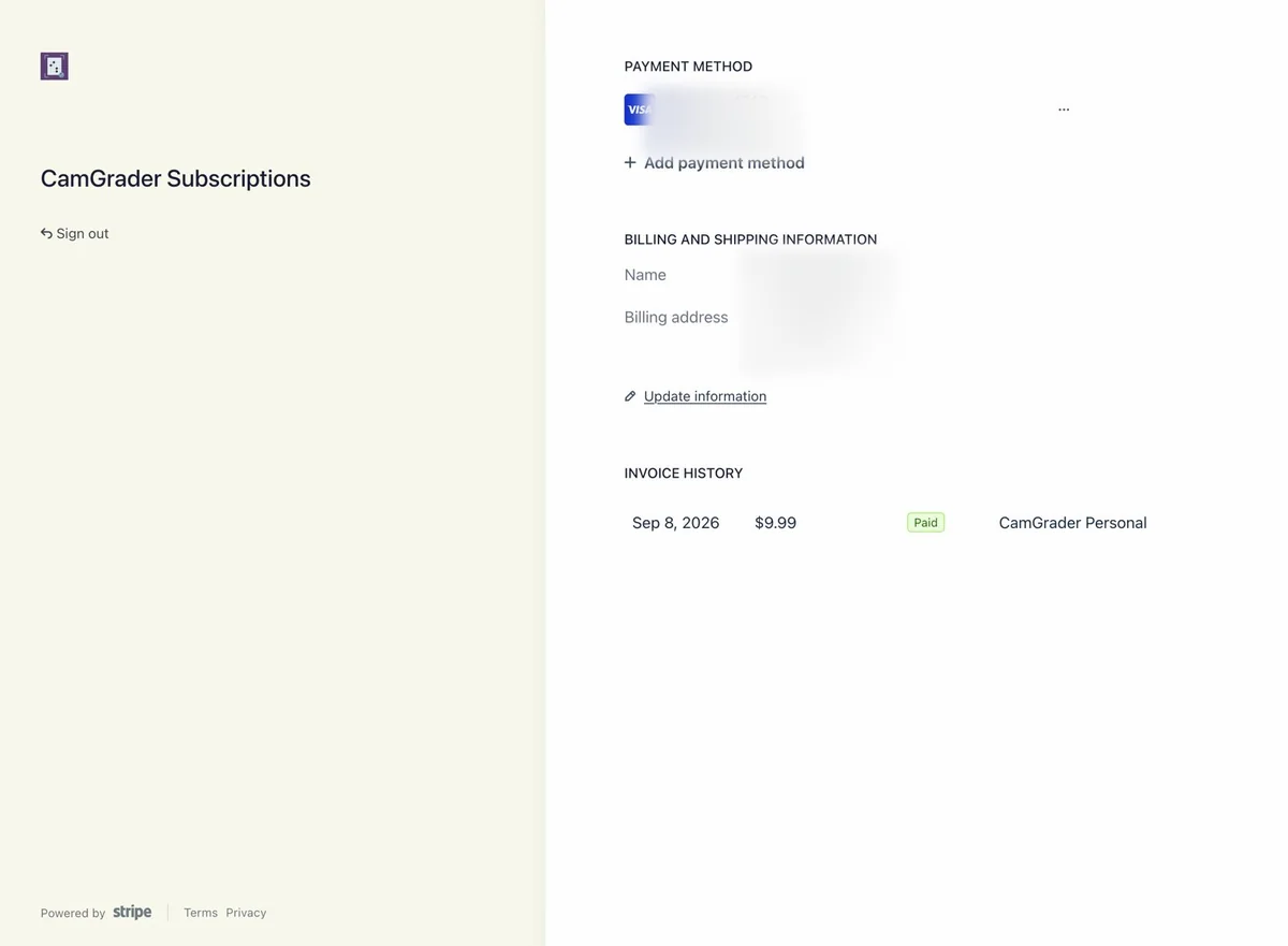 Stripe customer portal dashboard showing payment method, billing information, and invoice history