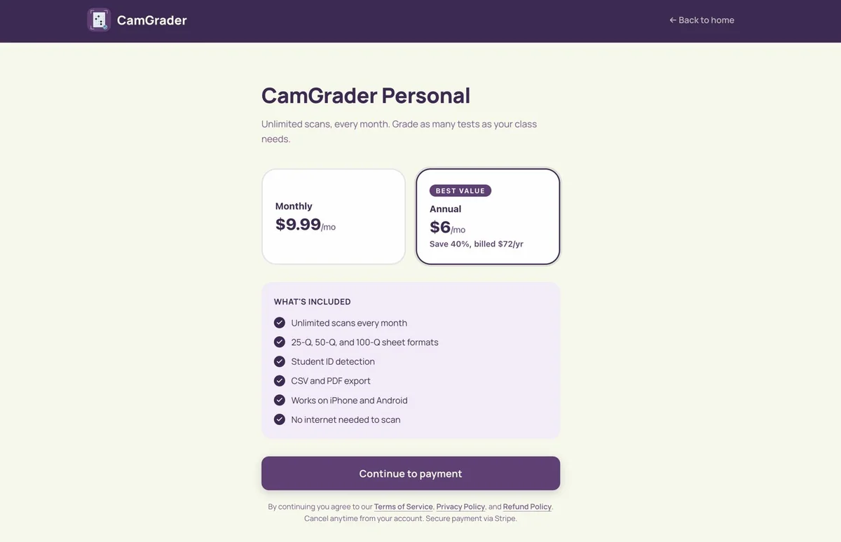 CamGrader Personal pricing page with monthly and annual plans and a Continue to payment button