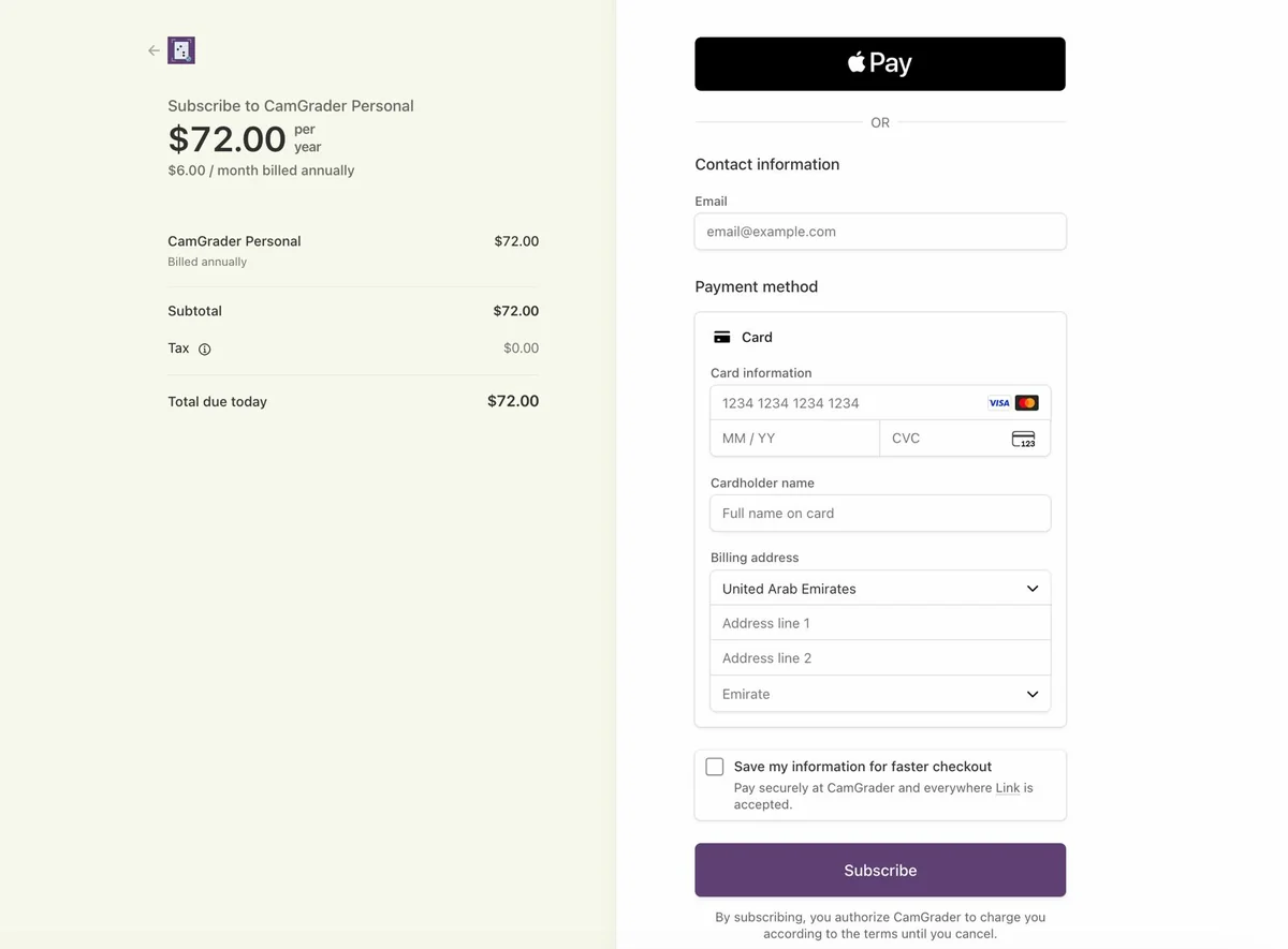 Stripe checkout page with contact information and card payment fields