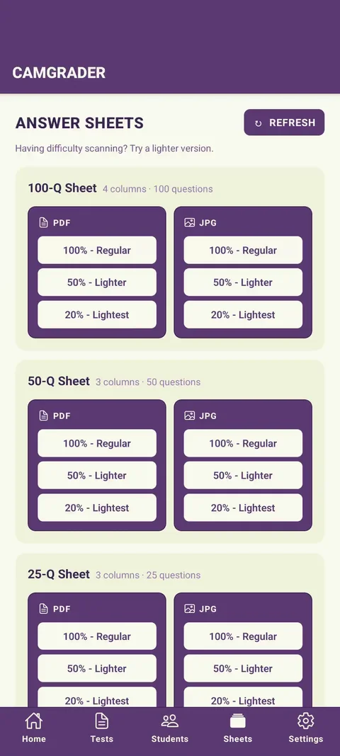 Answer Sheets screen grouped by question count, each with PDF and JPG download options at three darkness levels