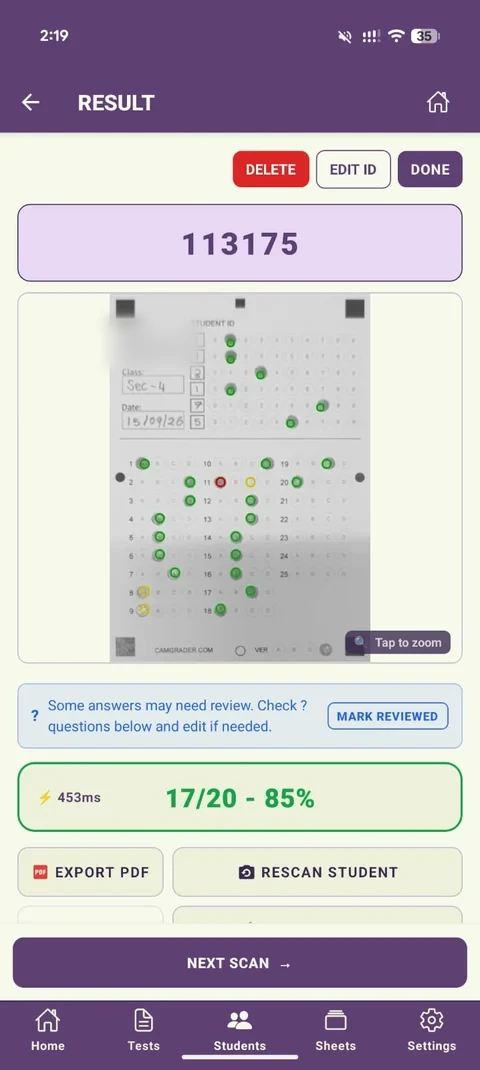 Result page at 17/20, 85%, with a banner reading Some answers may need review
