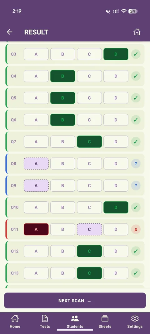 Question Breakdown showing Q8 and Q9 flagged blue with a question mark icon