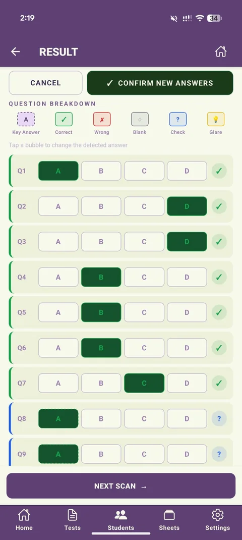 Edit mode after tapping A for both Q8 and Q9, now shown filled in green