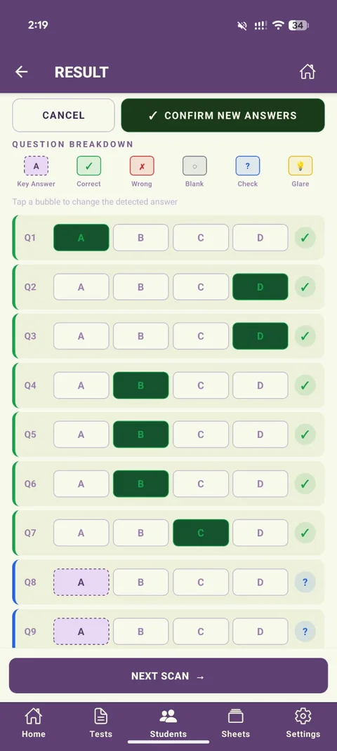 Edit mode with Q8 and Q9 still showing their unresolved blue Check flag