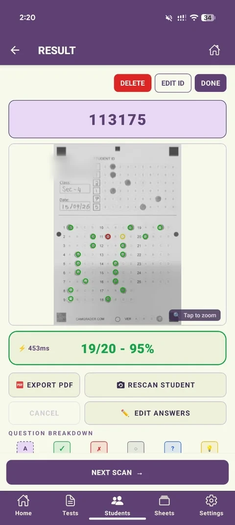 Result page now showing 19/20, 95%, with the review banner gone