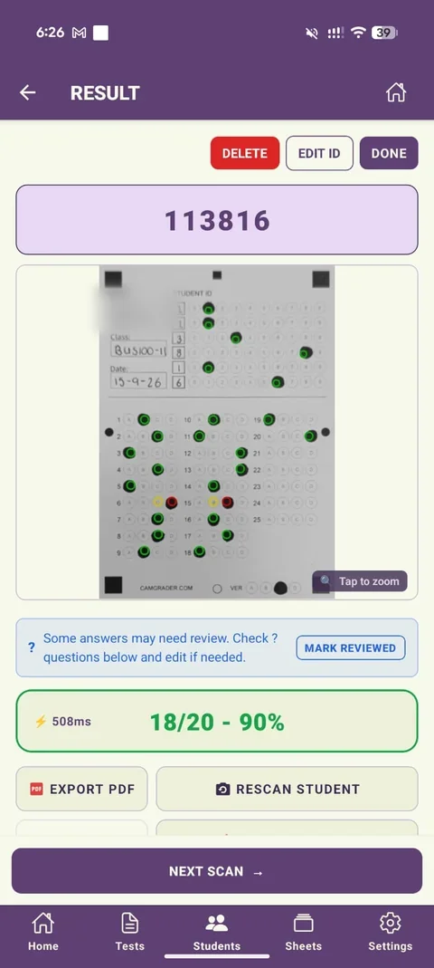 Result page at 18/20, 90%, with several questions flagged for Check