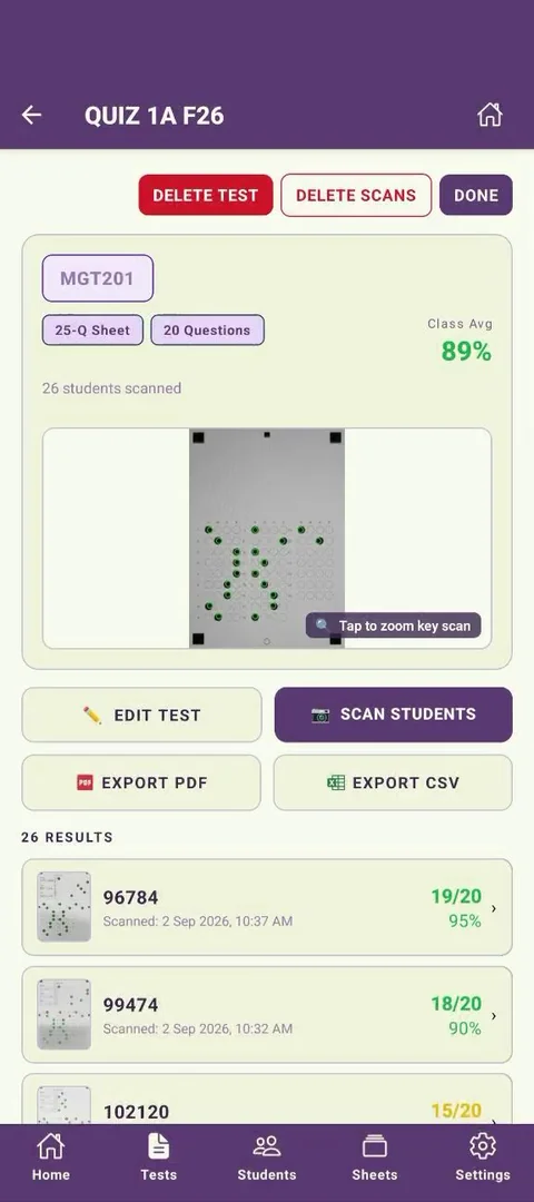 Test detail screen for Quiz 1A F26 showing a 89% class average and 26 scanned results