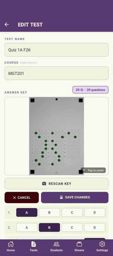 Edit Test screen with the answer key, Rescan Key, and Save Changes button