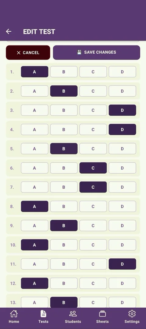 Answer key list with question 5 changed to B