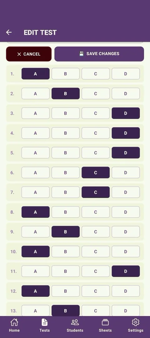Answer key list with question 5 set to D