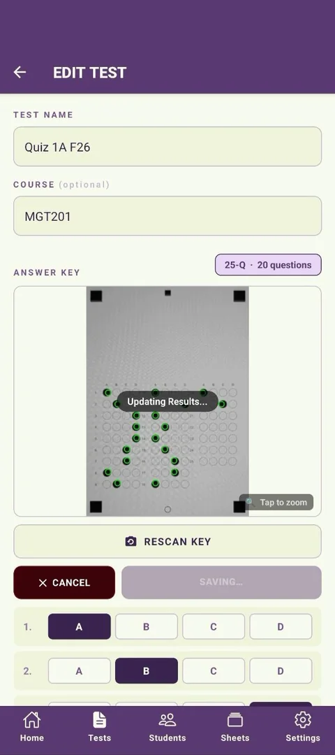 Edit Test screen showing an Updating Results loading indicator over the key scan