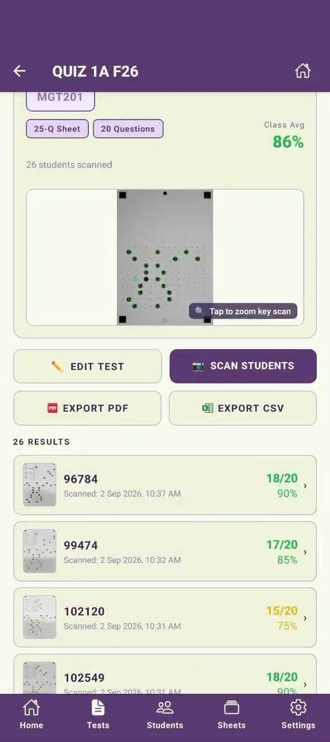 Test detail screen now showing an 86% class average with updated individual scores