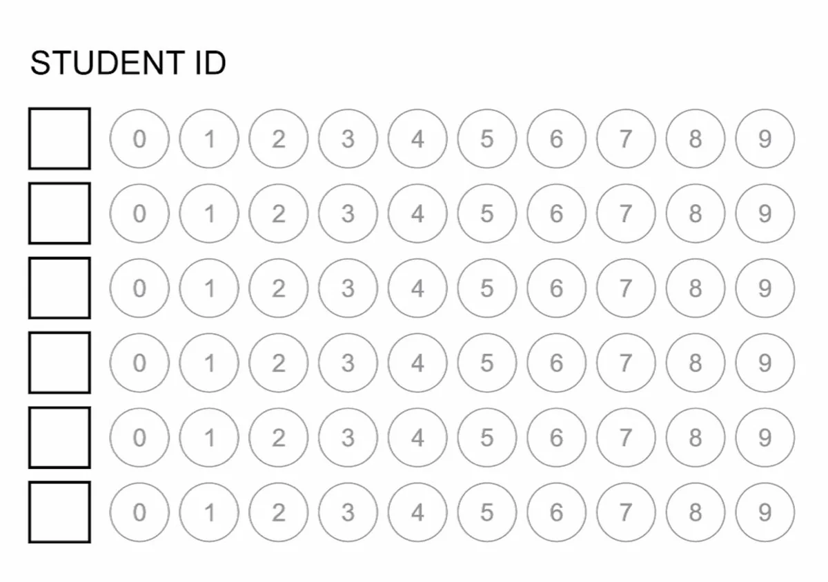The Student ID bubble grid on a CamGrader answer sheet, six digit columns numbered 0 through 9