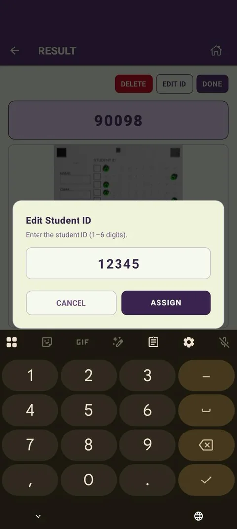 Edit Student ID dialog on a result page, entering a 5-digit ID before tapping Assign