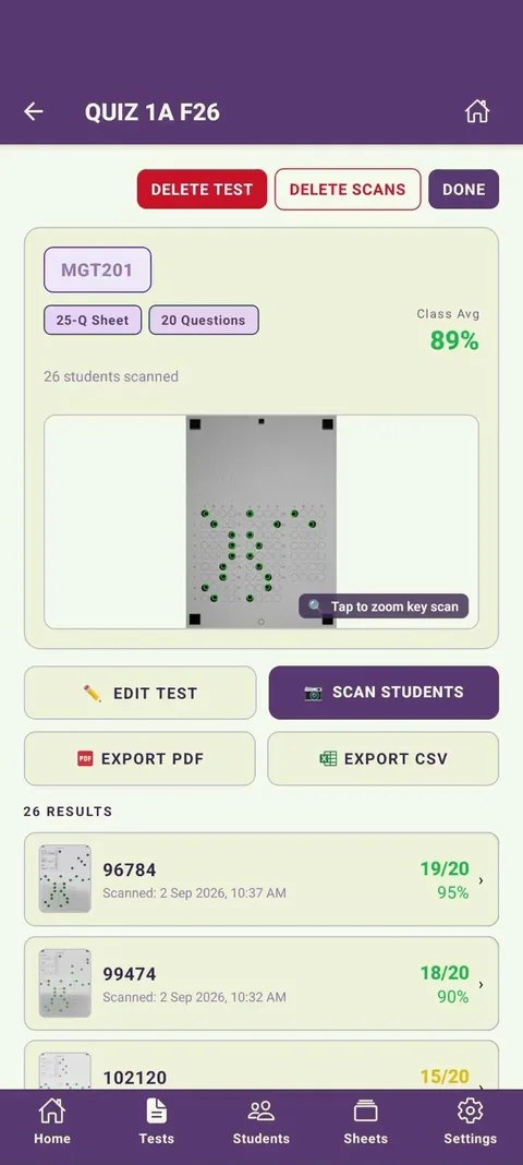 Test detail screen for Quiz 1A F26 with Export PDF and Export CSV buttons