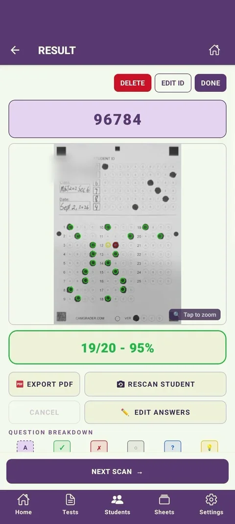 Student result screen with score and the Export PDF button
