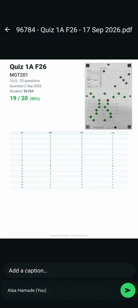 Exported PDF preview showing the score, sheet thumbnail, and per-question answer table