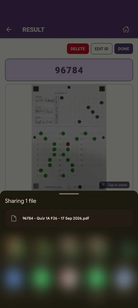 Device share sheet with the exported student PDF ready to send
