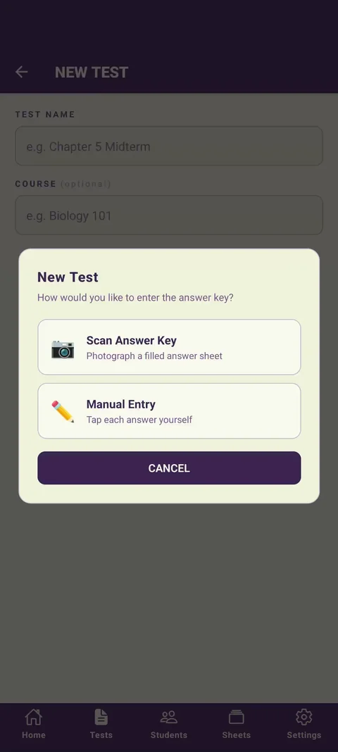 The New Test modal asking whether to Scan Answer Key or use Manual Entry