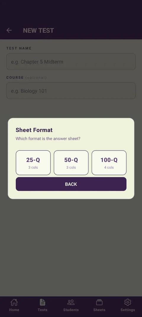 The Sheet Format picker, choosing between 25-Q, 50-Q, and 100-Q