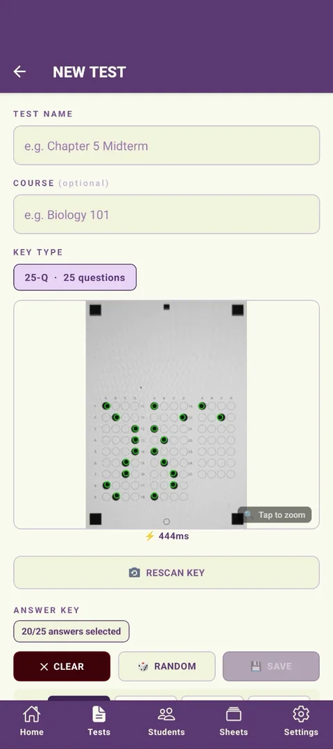 The New Test review screen with the scanned key, before entering a test name