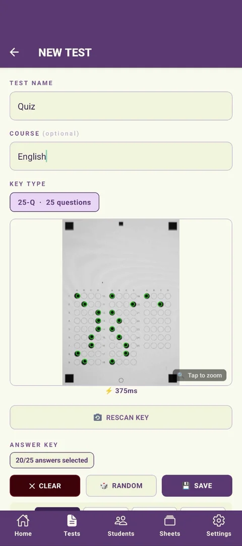 The same screen with Test Name and Course filled in, Save button active