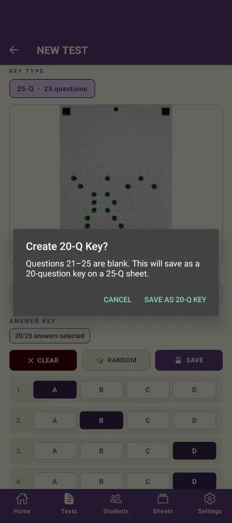 Confirmation dialog: Create 20-Q Key? Questions 21-25 are blank.