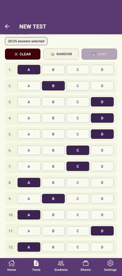 The manual key entry grid, tapping A, B, C, or D for each question
