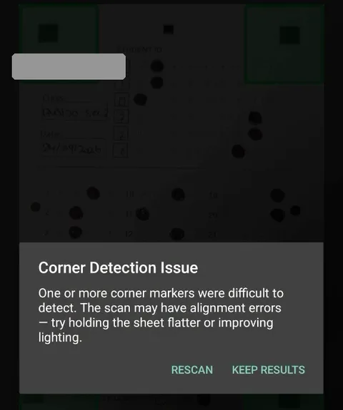 Corner Detection Issue dialog with Rescan and Keep Results options, shown over a dimmed scan preview