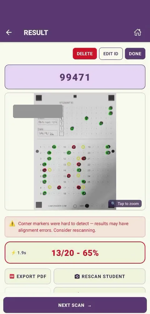 Results page for a flagged scan showing the corner-detection warning banner above a score shown in red