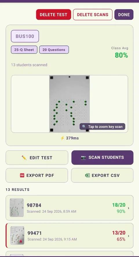 Test detail screen's student list with one result marked by a red corner-detection flag