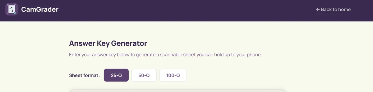 Answer Key Generator page with the 25-Q sheet format selected