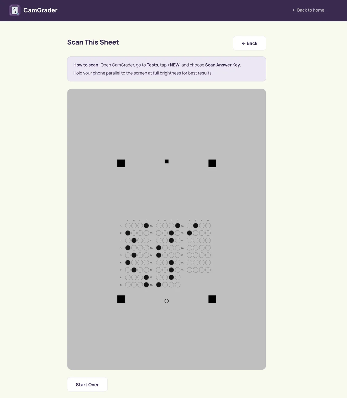 Scan This Sheet page with the generated answer key bubble sheet, ready to scan from the screen